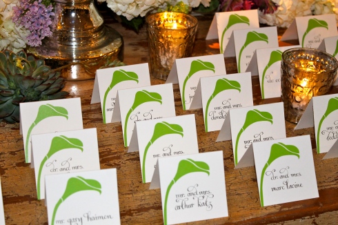 19. Detail of Custom Designed Lily Placecards on an elegant candlelit table